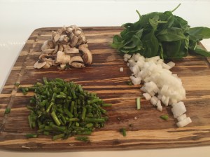 Mushrooms, Spinach, Asparagus, Onions