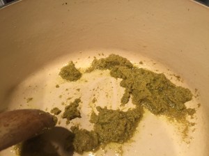 Heat curry paste in the hot peanut oil.